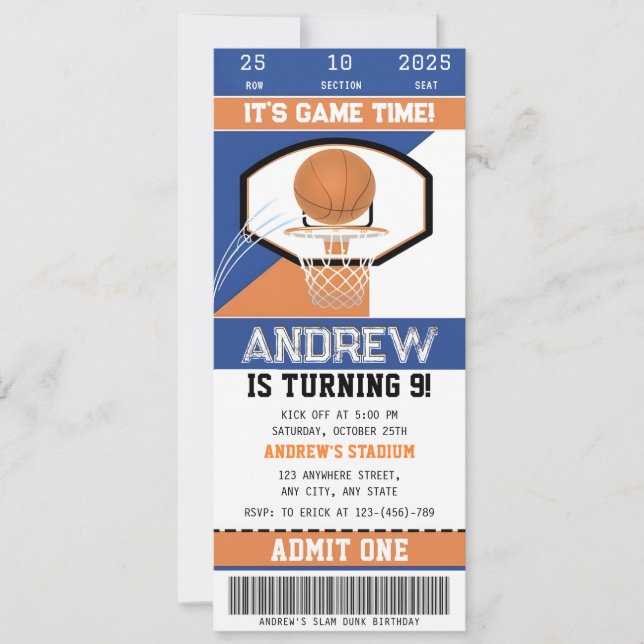 Personal Basketball Courtside Birthday Ticket Invitation (Front)