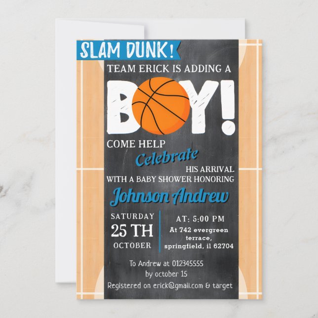 Personal Basketball Theme Baby Shower Slam Dunk Invitation (Front)