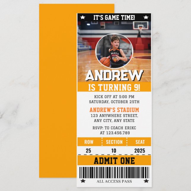 Personal Basketball Ticket with Photo Invitation (Front/Back)