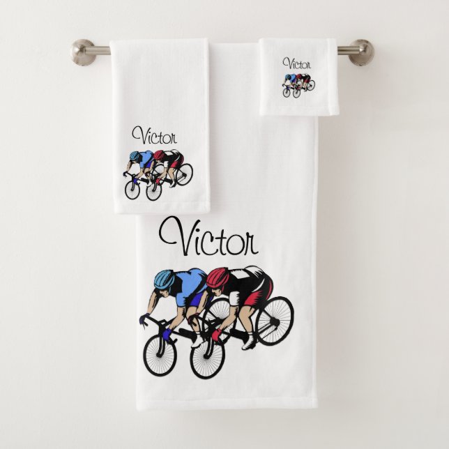 Personal Bicycle Race Blue and Red Bath Towel Set (Insitu)