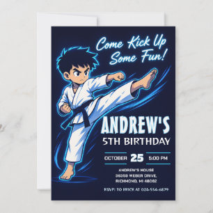 Personal Blue Neon Karate boy Warrior birthday Invitation