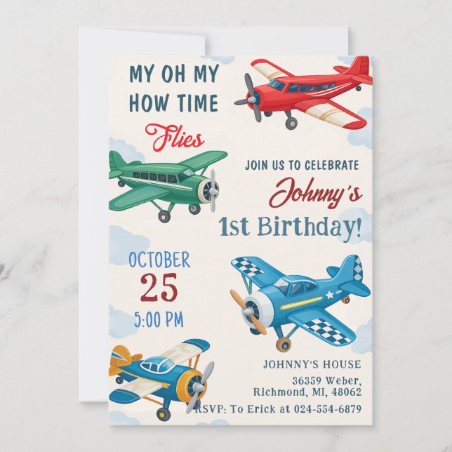 Personal Boy 1st Aeroplane Birthday Invitation (Front)