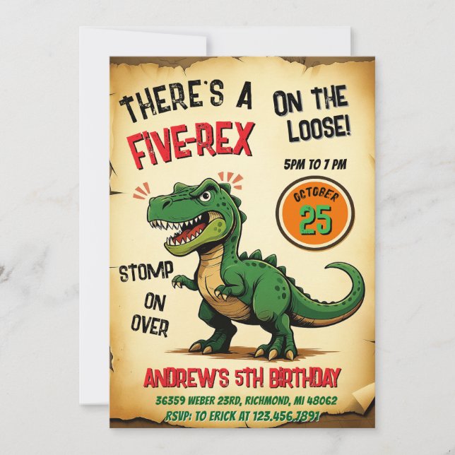 Personal Boy Dinosaur Birthday Five-Rex Invitation (Front)