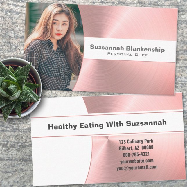 Personal Chef Brushed Pink Metal Custom Photo Business Card (Creator Uploaded)