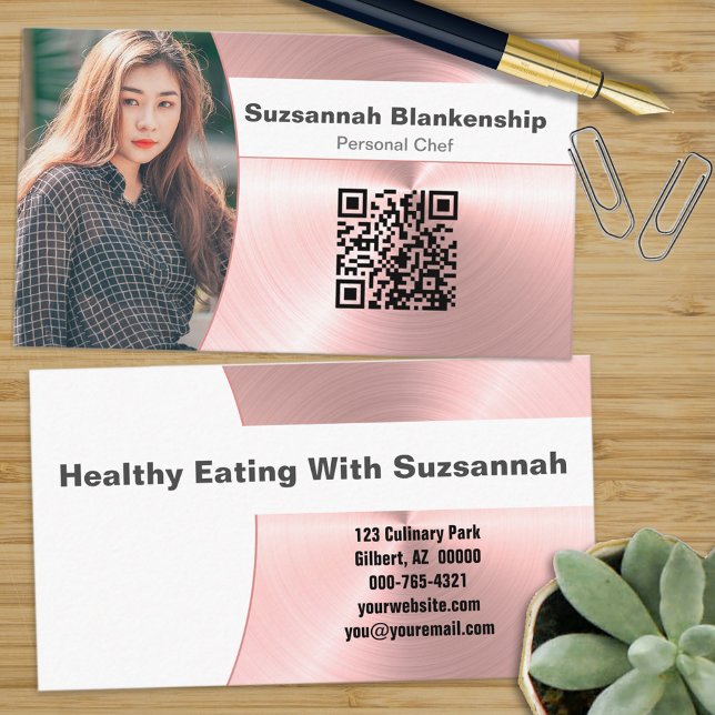 Personal Chef Brushed Pink Metal Photo QR Code Business Card (Creator Uploaded)
