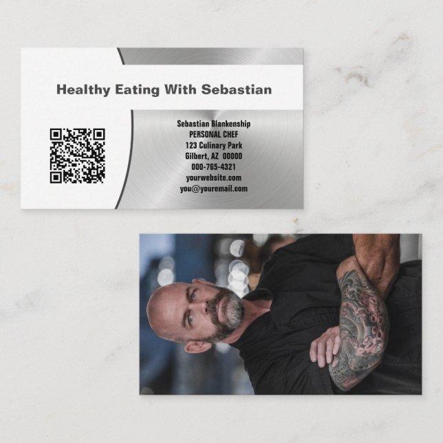 Personal Chef Brushed Steel Custom Photo QR Code Business Card (Front/Back)