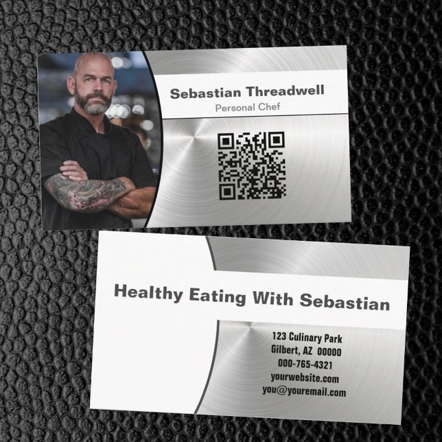 Personal Chef Brushed Steel Custom Photo QR Code Business Card (Creator Uploaded)