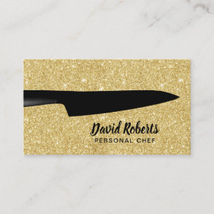 Personal Chef Catering Black Knife Gold Glitter Business Card