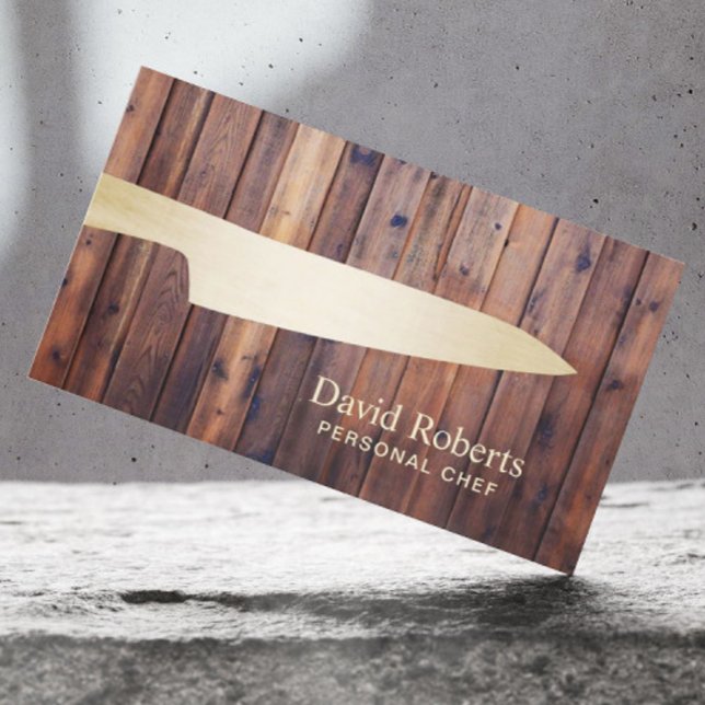 Personal Chef Catering Gold Knife Rustic Wood Business Card (Creator Uploaded)