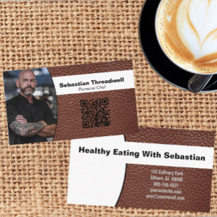 Personal Chef Custom Photo Brown Leather QR Code  Business Card