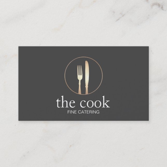 Personal Chef Elegant Catering Gold Fork & Knife Business Card (Front)