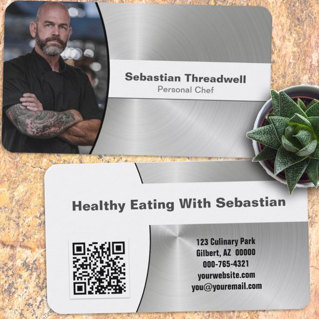 Personal Chef Faux Steel Custom Photo QR Code Business Card (Creator Uploaded)