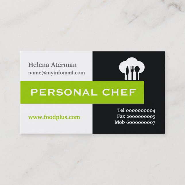 Personal chef minimalist black, white, green business card (Front)