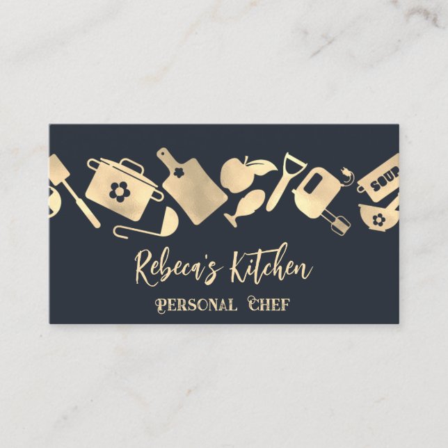 Personal Chef Restaurant Catering Logo QR Navy  Business Card (Front)