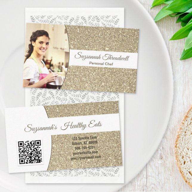 Personal Chef Subtle Gold Glitter Custom Photo QR Business Card (Creator Uploaded)