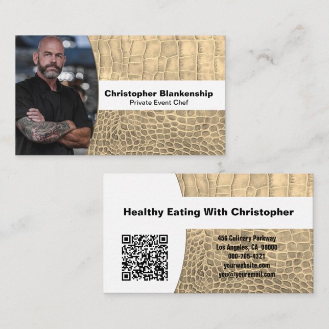 Personal Chef Tan Snake Skin Custom Photo QR Code  Business Card (Front/Back)