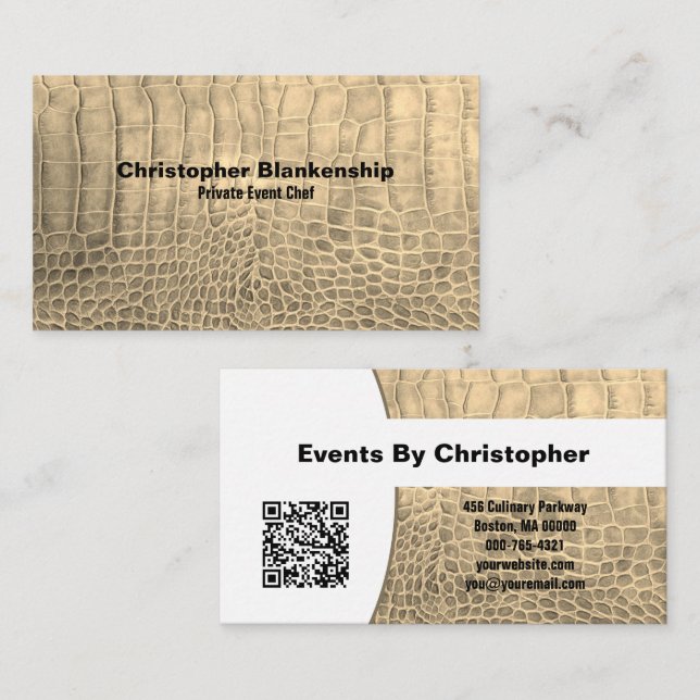 Personal Chef Tan Texture Snake Skin QR Code  Business Card (Front/Back)