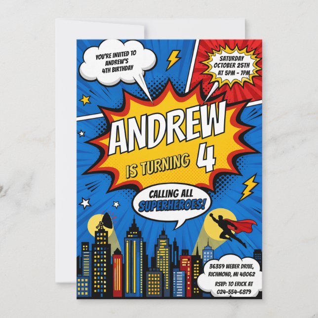 Personal Comic Book Hero Birthday Invitation (Front)