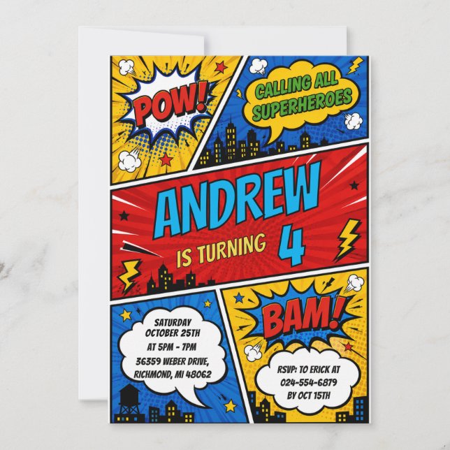 Personal Comic Super Hero Birthday Invitation (Front)