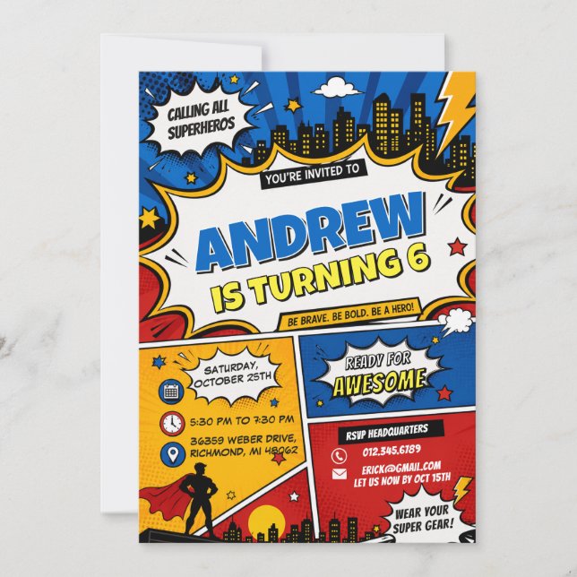 Personal Comic Superhero City Birthday  Invitation (Front)