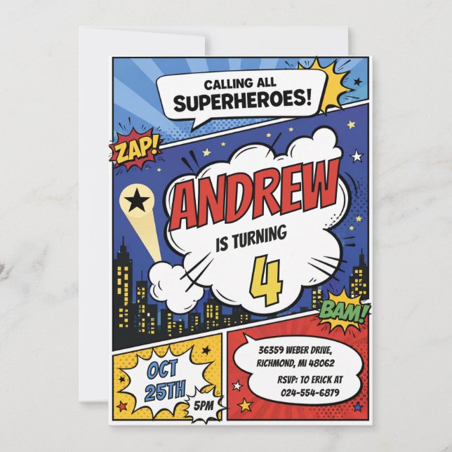 Personal Comic Superheroes Birthday Invitation (Front)