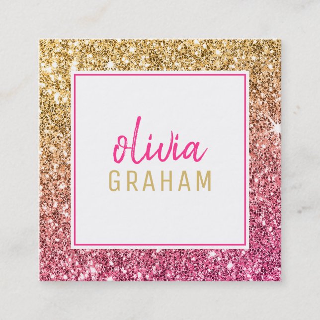 PERSONAL CONTACT bold border hot pink gold glitter Square Business Card (Front)