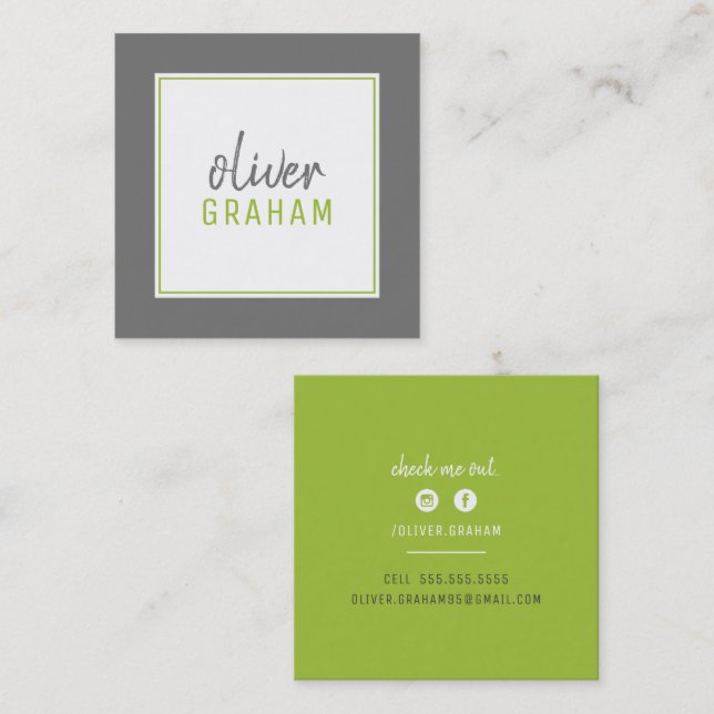 PERSONAL CONTACT bold border lime green grey grey Square Business Card (Front/Back)