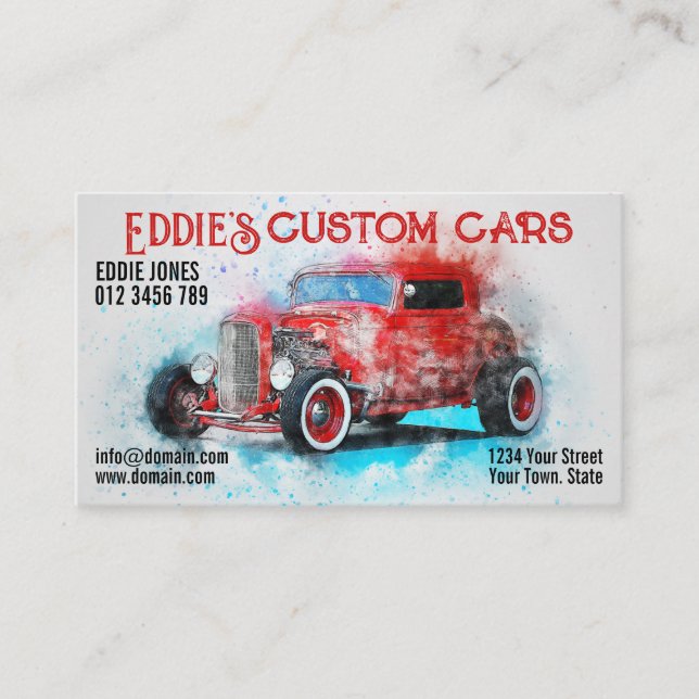 Personal Custom Cars, Hot Rod Watercolor, Grunge Business Card (Front)