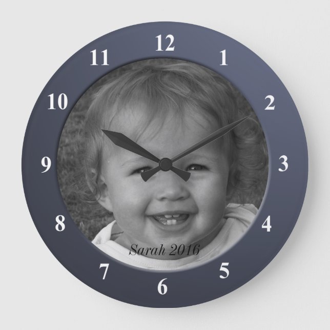Personal Custom Photo and Text Blue Frame Large Clock (Front)