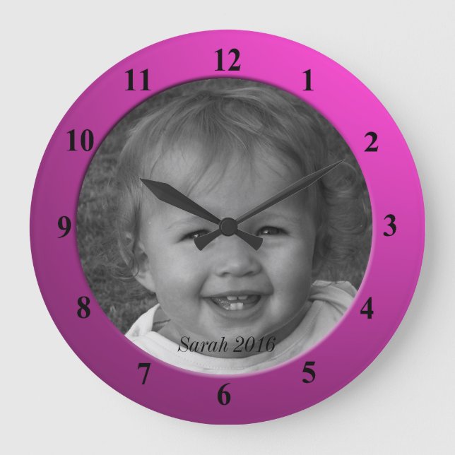 Personal Custom Photo and Text Pink Frame Large Clock (Front)