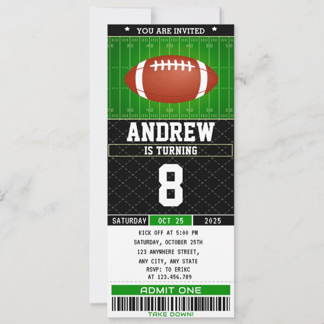 Personal Digital american Football Ticket Birthday Invitation (Front)