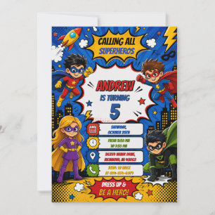 Personal Digital Comic Book Superhero Birthday Invitation