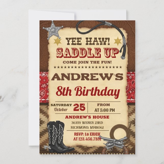 Personal Digital Country Wild West Cowboy Birthday Invitation (Front)