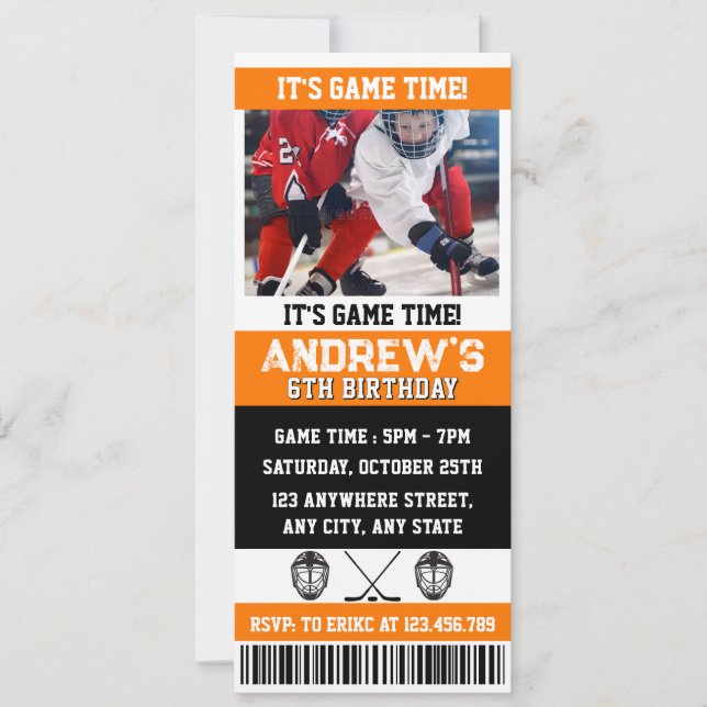 Personal Digital Hockey Ticket Birthday Add Photo Invitation (Front)