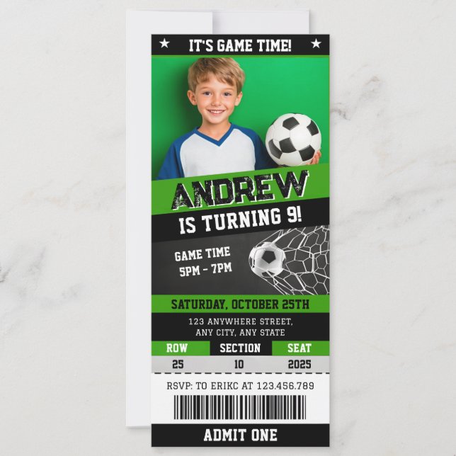 Personal Digital Soccer Ticket Birthday Invitation (Front)