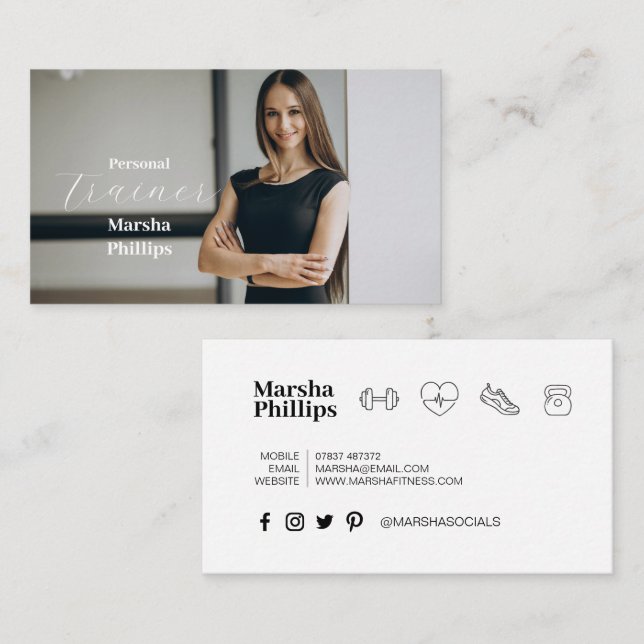 Personal Fitness Modern Trainer Trendy Photo Business Card (Front/Back)