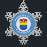 Personal Gay Pride Angel Black Hair Hanukkah Flag Snowflake Pewter Christmas Ornament<br><div class="desc">Brown haired angel wearing the Gay Pride Rainbow Flag on a snowflake pewter ornament for Hanukkah decor. This brown haired Gay Pride Hanukkah Angel is in a white circle of squiggly squares. The Angel is designed for families and households of multiple religions. Add your own text or personalise with a...</div>