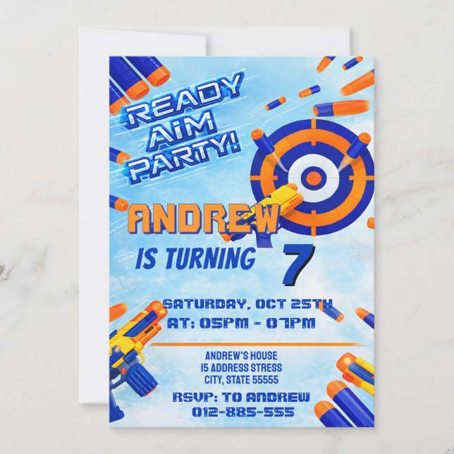 Personal Kids Nerf Dart Birthday Invitation (Front)
