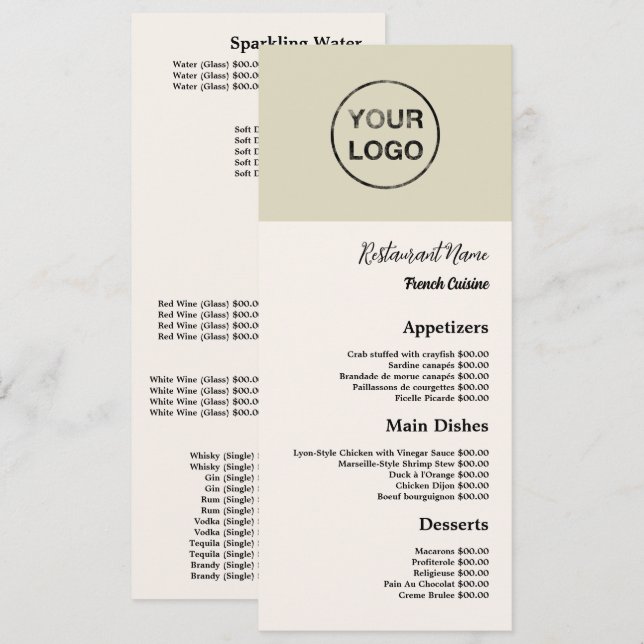 Personal Logo, Restaurant Slimline Menu (Front/Back)