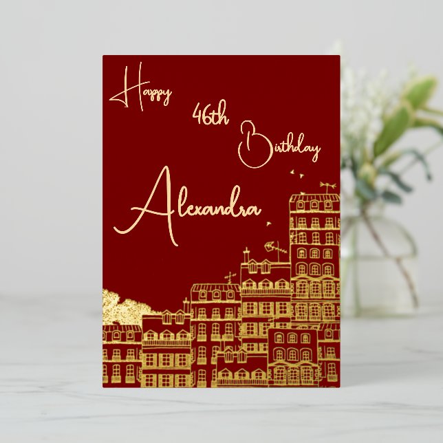 Personal Maroon & Gold Named & Aged Birthday Card (Standing Front)