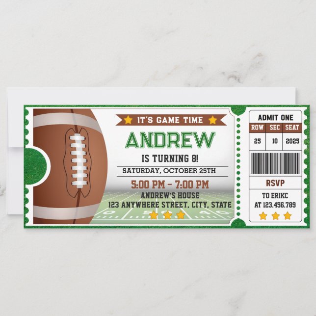 Personal Modern American Football Ticket Birthday  Invitation (Front)