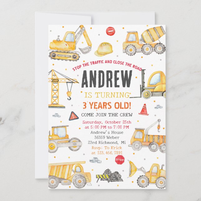 Personal Modern Birthday Party Construction  Invitation (Front)