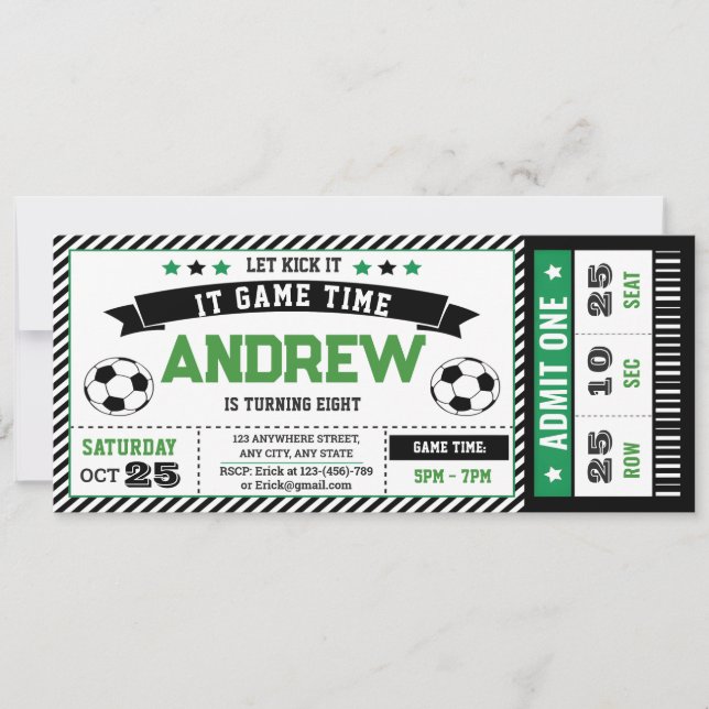 Personal modern boy Soccer Ticket Birthday Party  Invitation (Front)