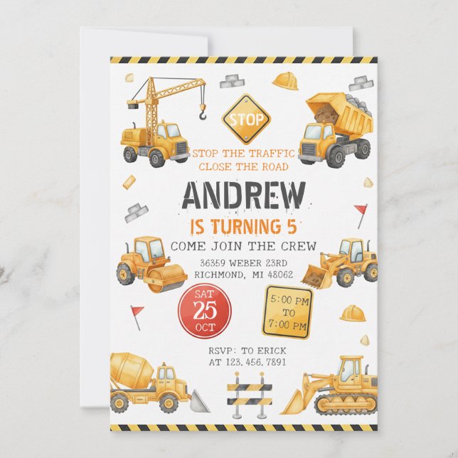Personal Modern Construction Birthday Party Invitation (Front)