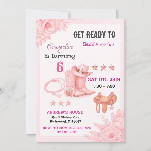 Personal Modern Pink Rodeo Cowgirl Birthday Party Invitation (Front)
