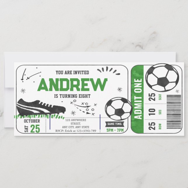 Personal modern Soccer Birthday Party Ticket Invitation (Front)