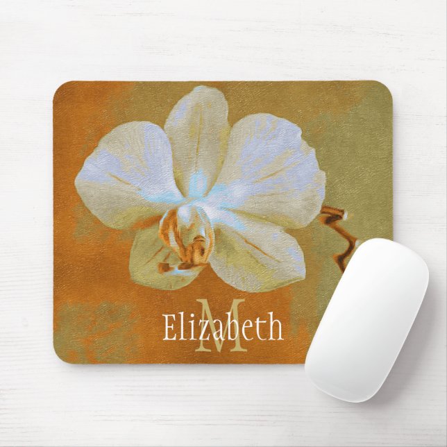 Personal Monogram White Orchid Golden Green Back Mouse Mat (With Mouse)