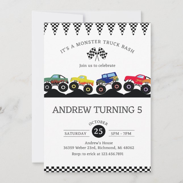 Personal Monster Truck Birthday party Boom Crash Invitation (Front)
