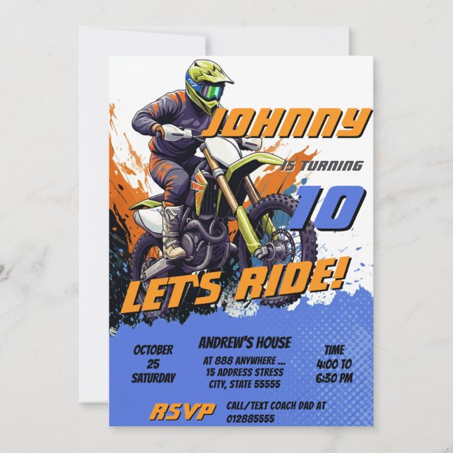 Personal Motocross Boy Motorbike Birthday Party Invitation (Front)