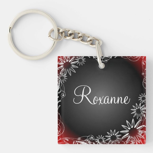 Personal name daisy floral red black keychain (Front)